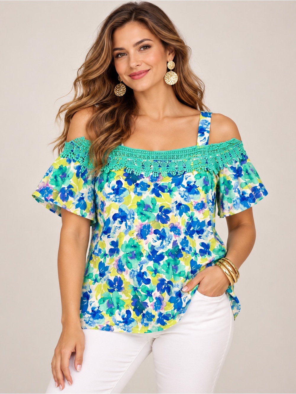 NWT Nina Leonard Floral Cold Shoulder Crochet Top XL